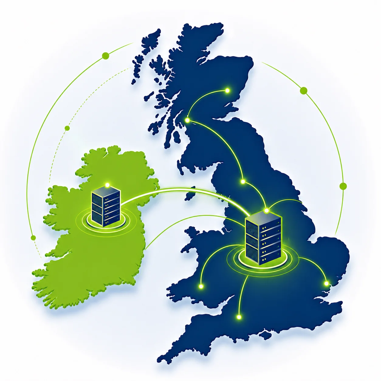 Map showing Glenovation server connectivity across the United Kingdom and Ireland